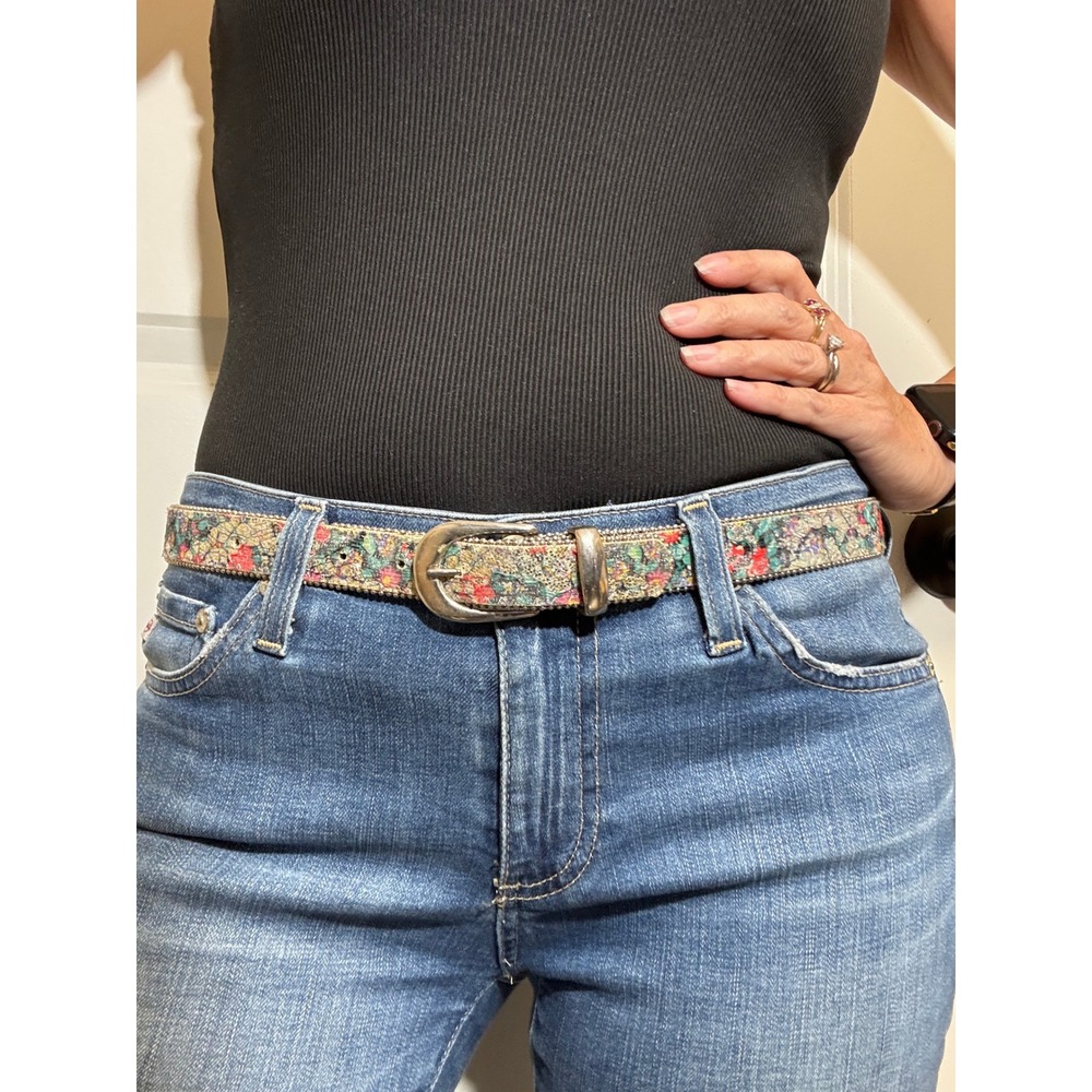 Floral Tapestry Metallic Lace Belt Silver Buckle Ball Chain Trim Multicolor